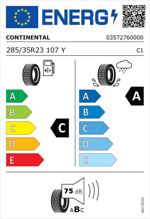Tyre Label for Continental SportContact 6 ContiSilent 285/35R23 107Y