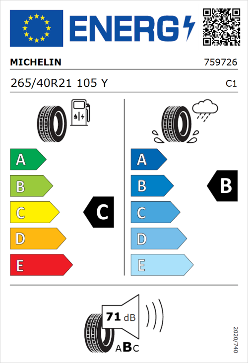Tyre Label for Michelin Pilot Sport 4 S 265/40R21 105Y