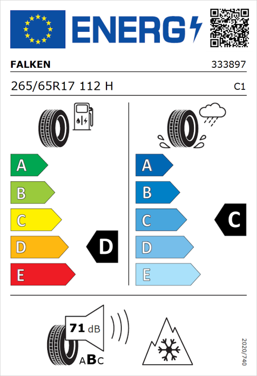 Tyre Label for Falken Wildpeak A/T AT3WA 265/65R17 112H