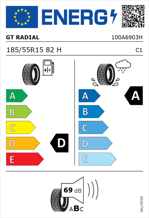 Tyre Label for GT Radial FE2 185/55R15 82H