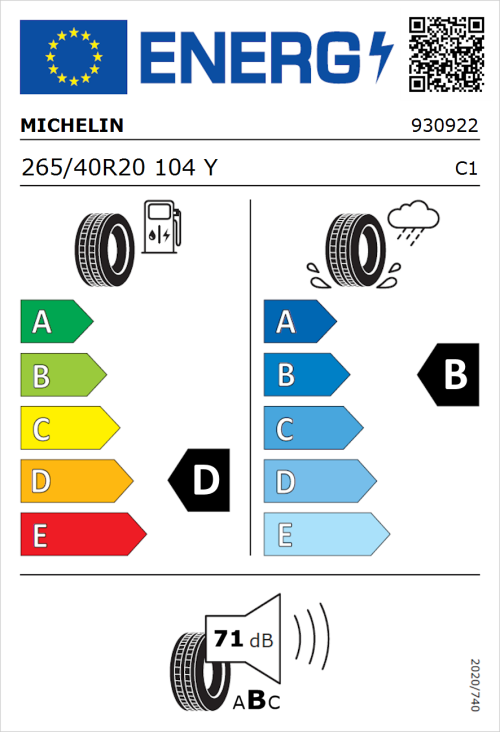 Tyre Label for Michelin Pilot Sport 4 S 265/40R20 104Y