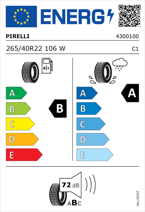 Tyre Label for Pirelli P Zero PZ5 Elect 265/40R22 106W