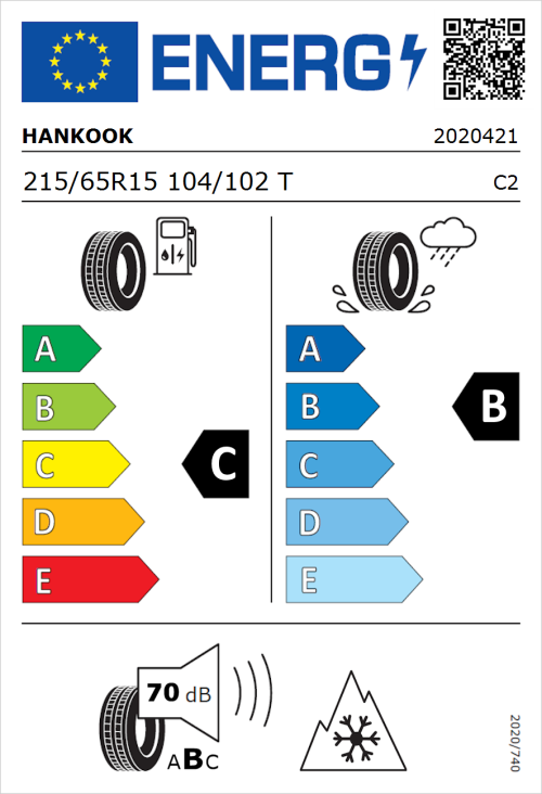 Tyre Label for Hankook Vantra LT RA18 215/65R15 104/102T